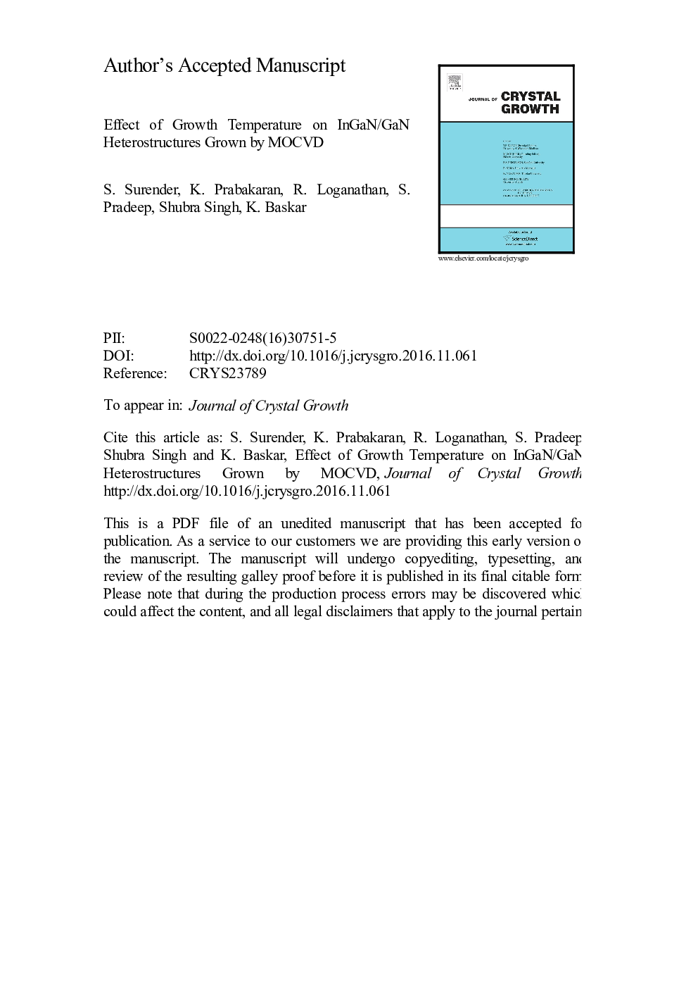 Effect of growth temperature on InGaN/GaN heterostructures grown by MOCVD