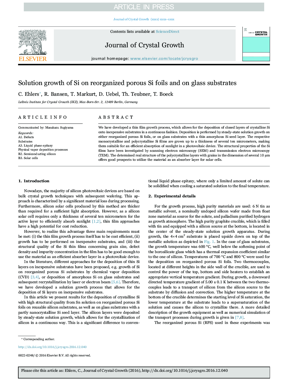 Solution growth of Si on reorganized porous Si foils and on glass substrates