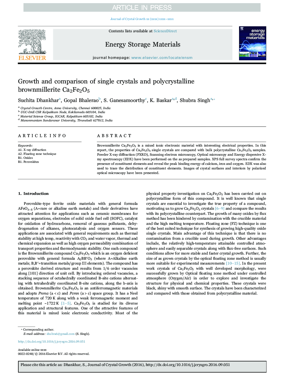 Growth and comparison of single crystals and polycrystalline brownmillerite Ca2Fe2O5
