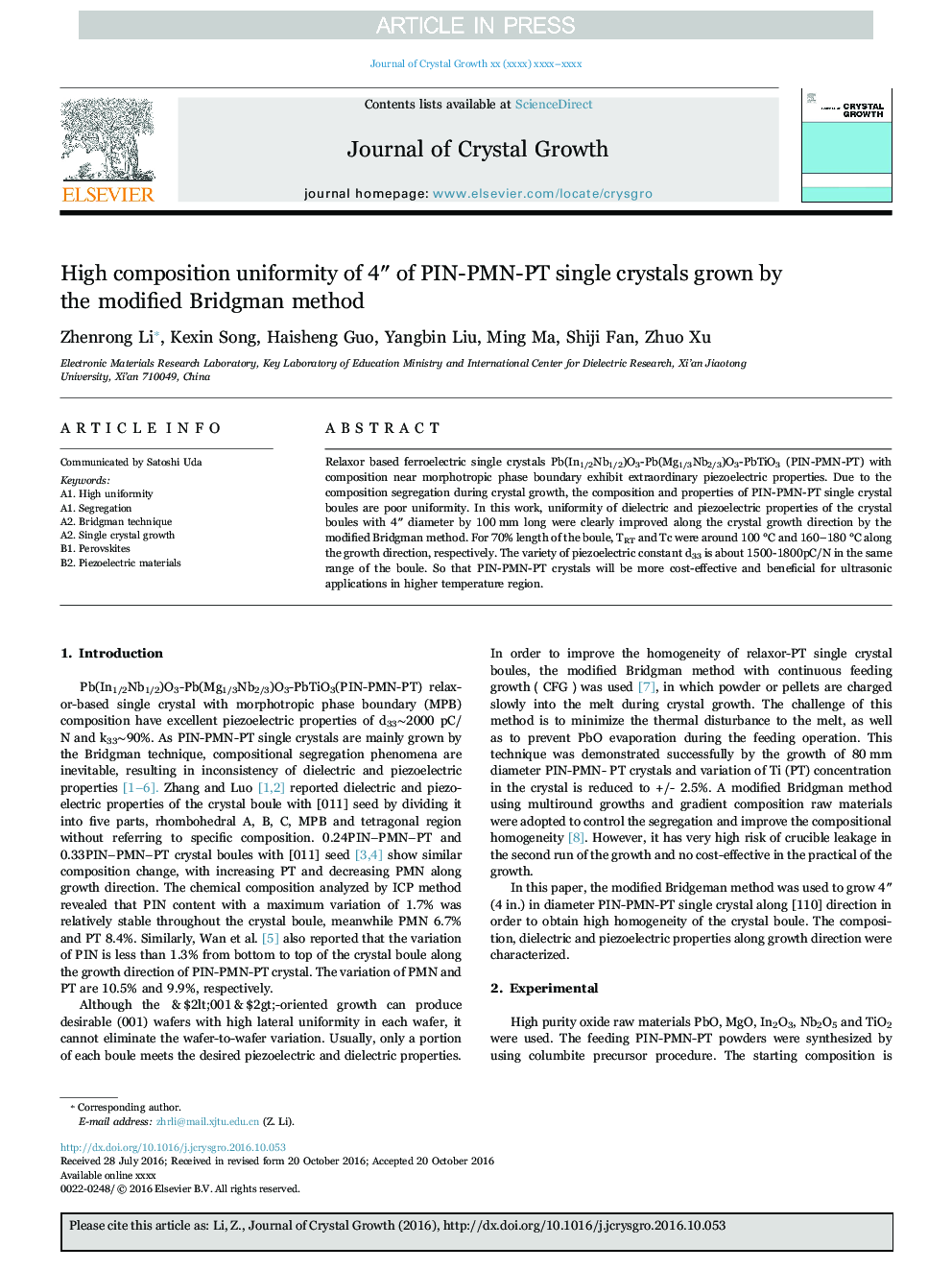 High composition uniformity of 4â³ of PIN-PMN-PT single crystals grown by the modified Bridgman method