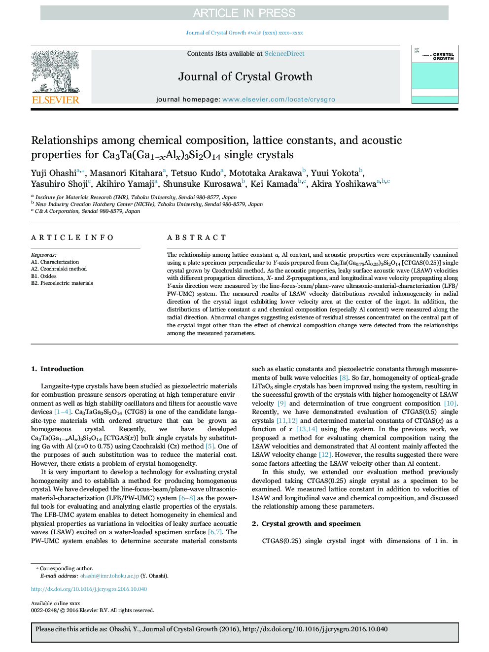 Relationships among chemical composition, lattice constants, and acoustic properties for Ca3Ta(Ga1âxAlx)3Si2O14 single crystals