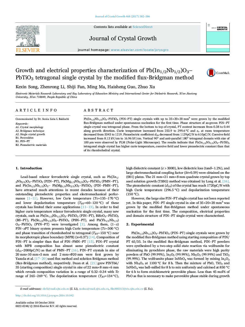 Si: crys_iccge18Growth and electrical properties characterization of Pb(In1/2Nb1/2)O3-PbTiO3 tetragonal single crystal by the modified flux-Bridgman method