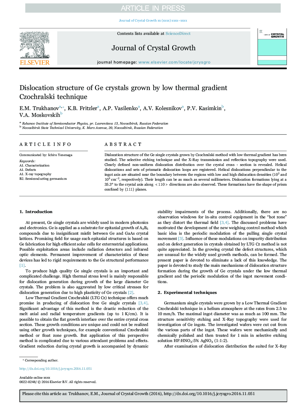 Dislocation structure of Ge crystals grown by low thermal gradient Czochralski technique