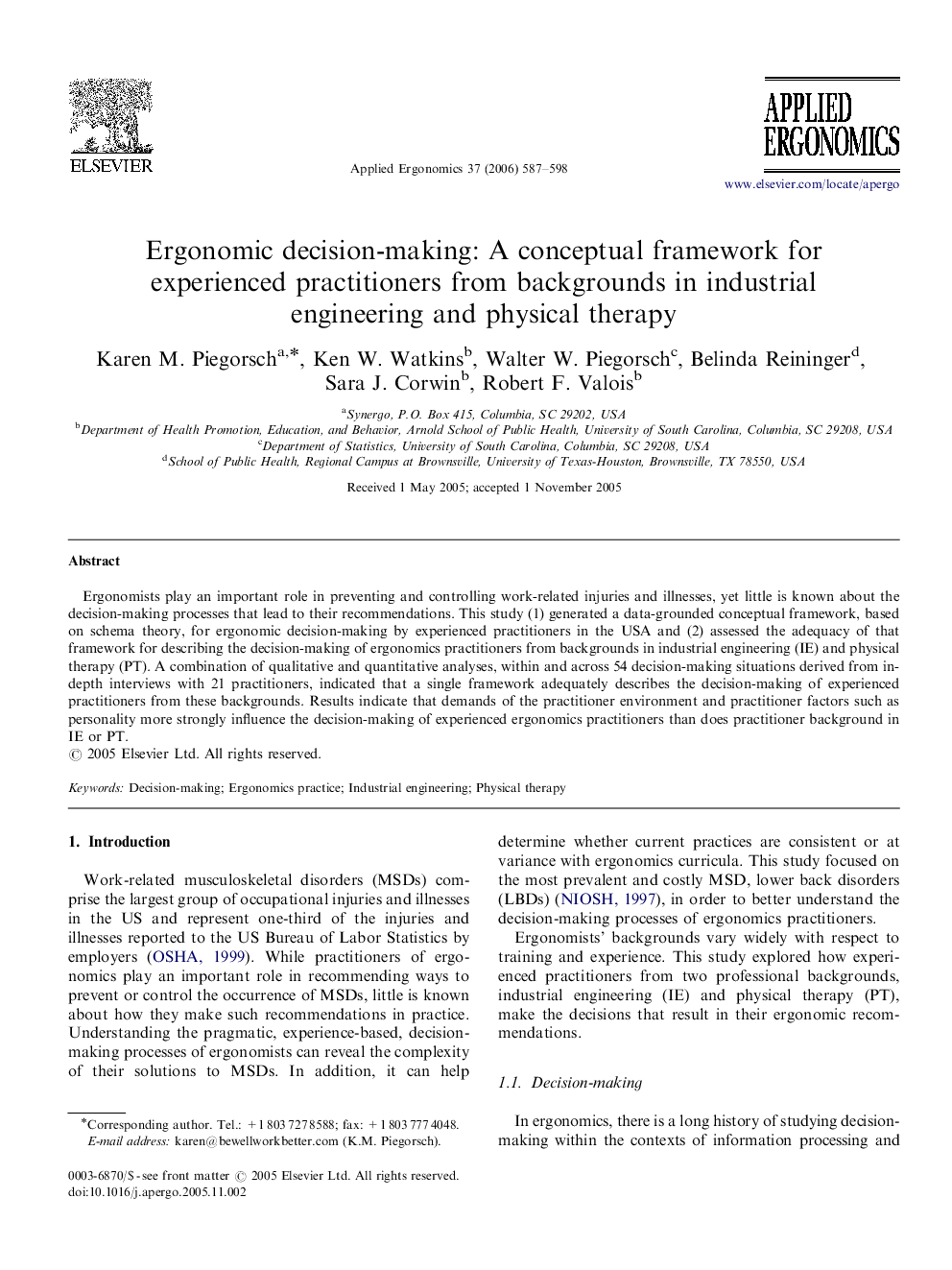 Ergonomic decision-making: A conceptual framework for experienced practitioners from backgrounds in industrial engineering and physical therapy