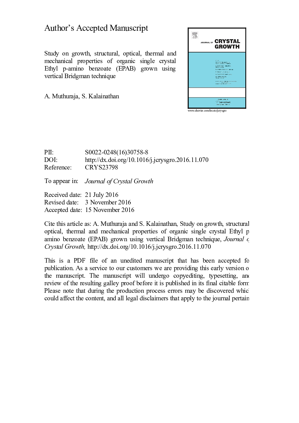 Study on growth, structural, optical, thermal and mechanical properties of organic single crystal ethyl p-amino benzoate (EPAB) grown using vertical Bridgman technique