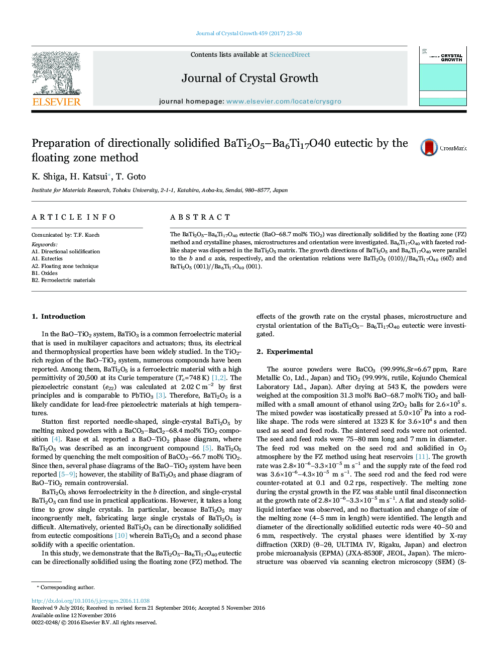 Preparation of directionally solidified BaTi2O5-Ba6Ti17O40 eutectic by the floating zone method