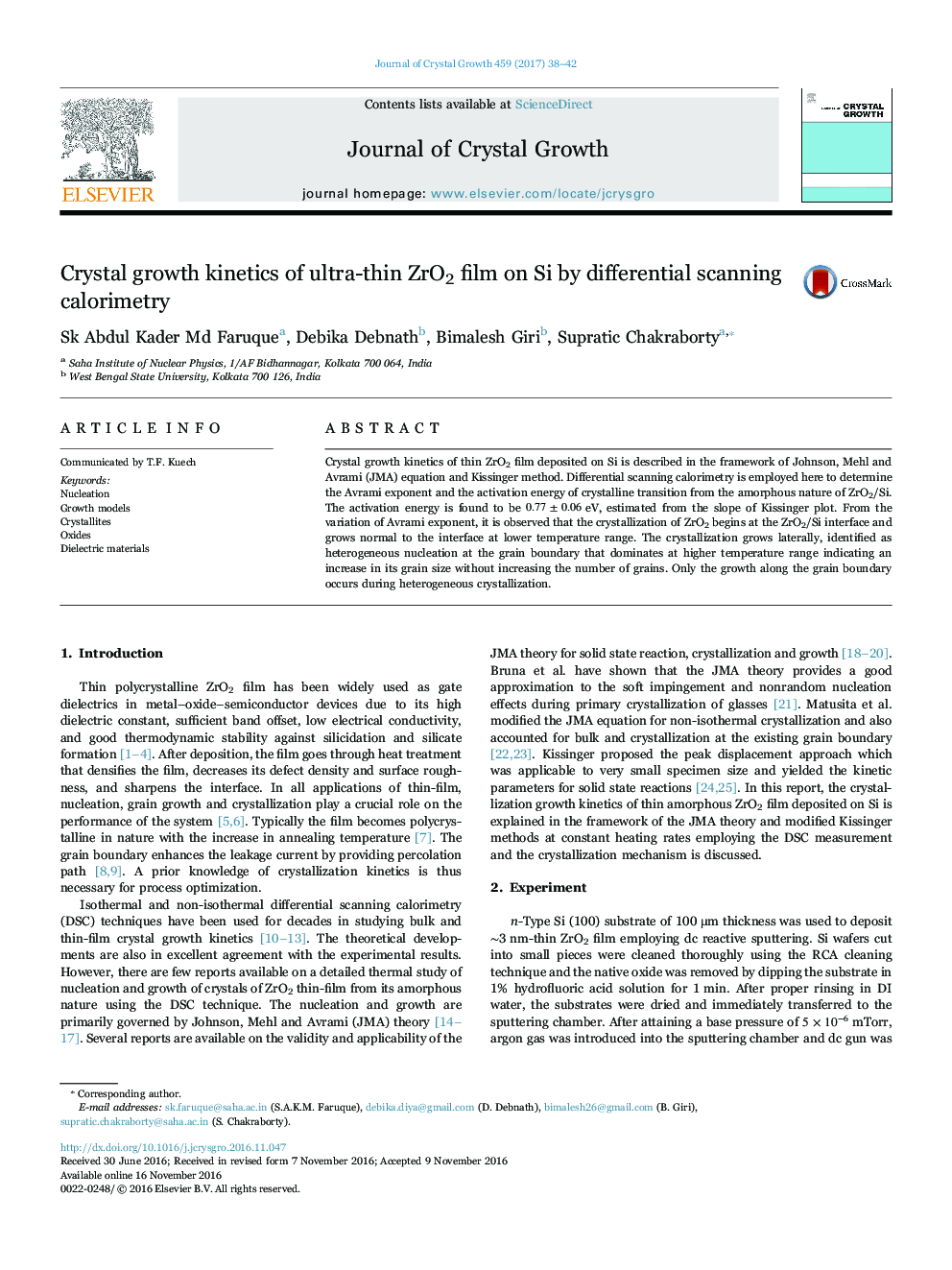 Crystal growth kinetics of ultra-thin ZrO2 film on Si by differential scanning calorimetry