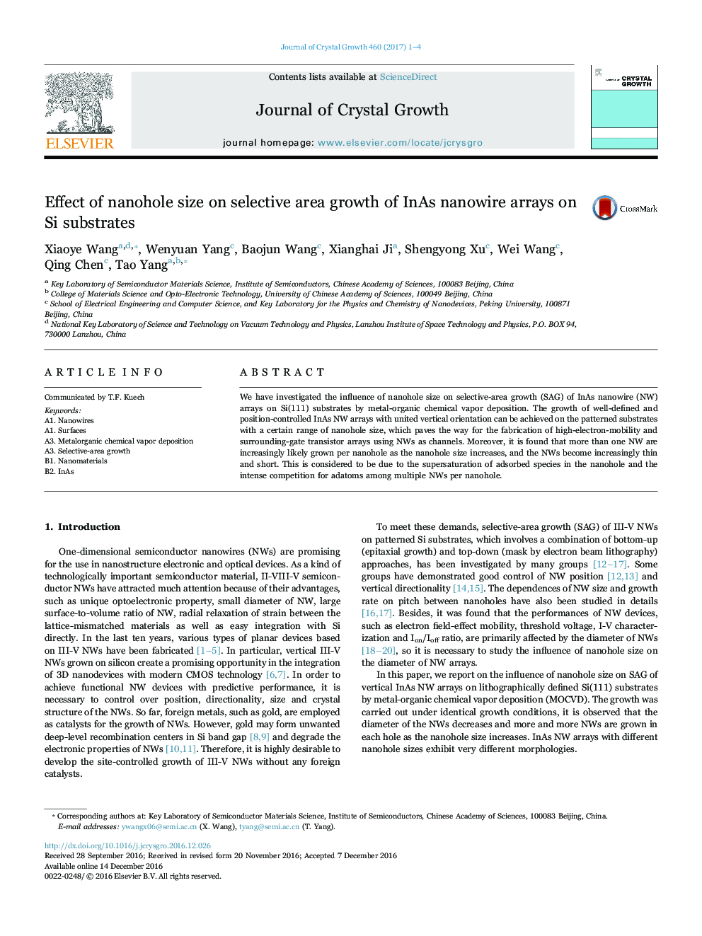 Effect of nanohole size on selective area growth of InAs nanowire arrays on Si substrates