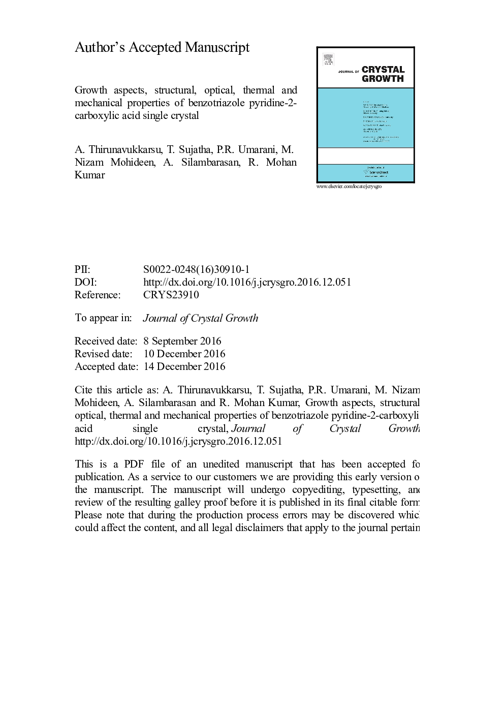 Growth aspects, structural, optical, thermal and mechanical properties of benzotriazole pyridine-2-carboxylic acid single crystal