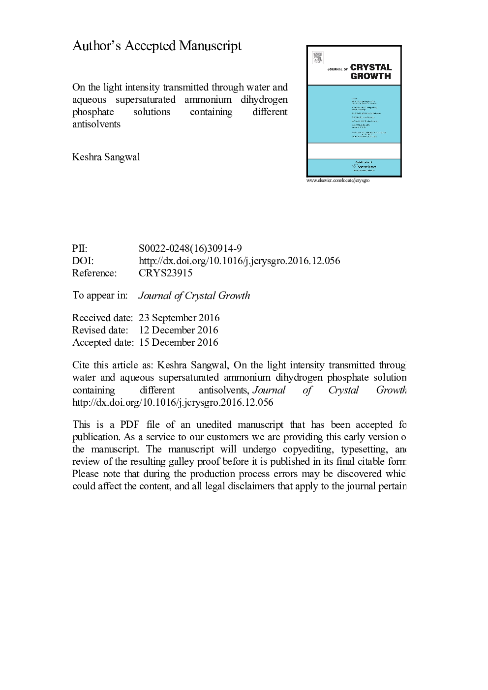 On the light intensity transmitted through water and aqueous supersaturated ammonium dihydrogen phosphate solutions containing different antisolvents