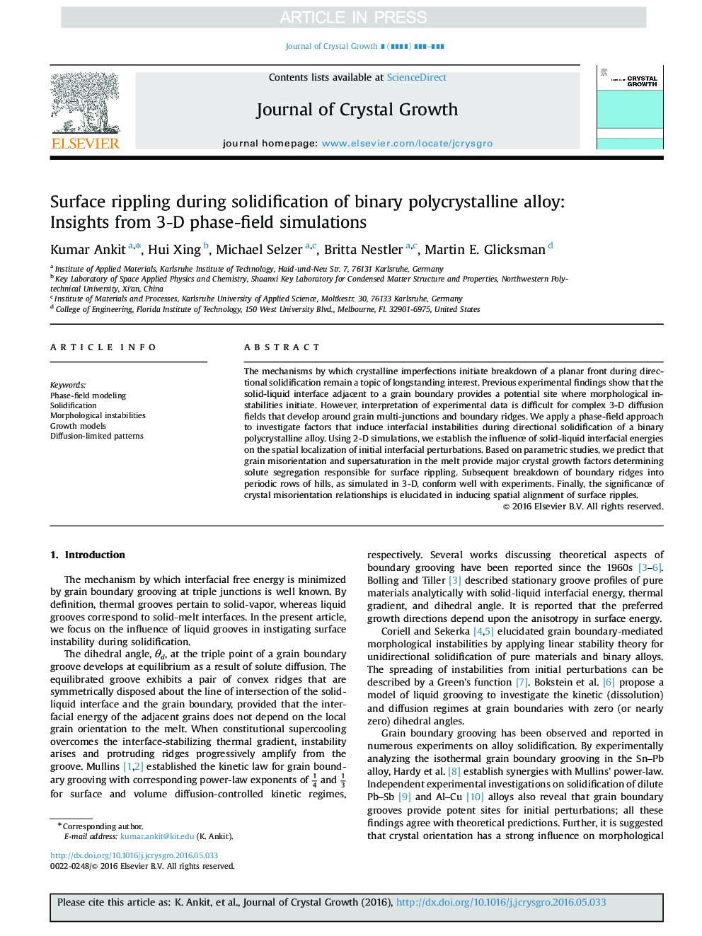 Surface rippling during solidification of binary polycrystalline alloy: Insights from 3-D phase-field simulations