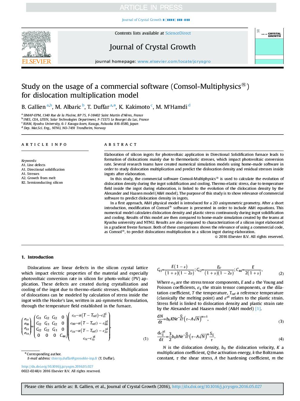 Study on the usage of a commercial software (Comsol-Multiphysics®) for dislocation multiplication model