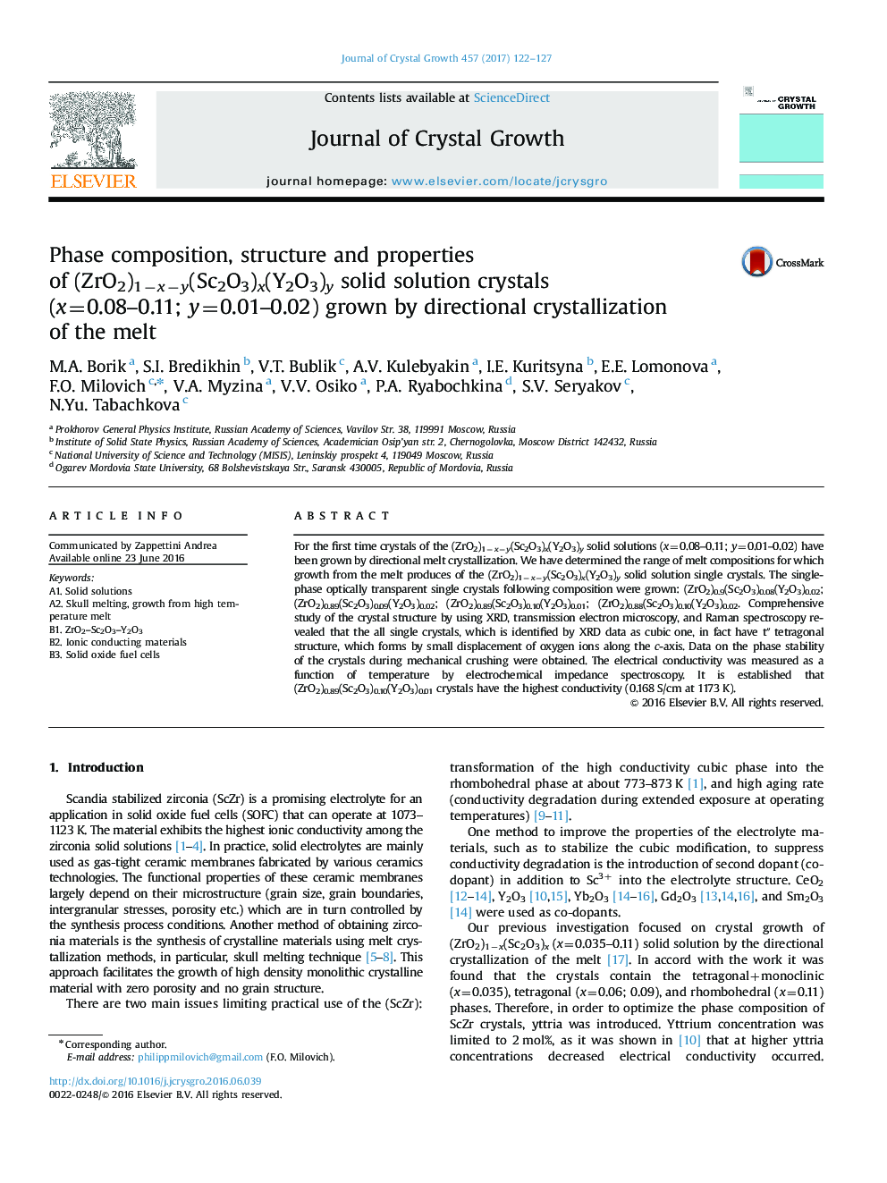 Phase composition, structure and properties of (ZrO2)1âxây(Sc2O3)x(Y2O3)y solid solution crystals (x=0.08-0.11; y=0.01-0.02) grown by directional crystallization of the melt