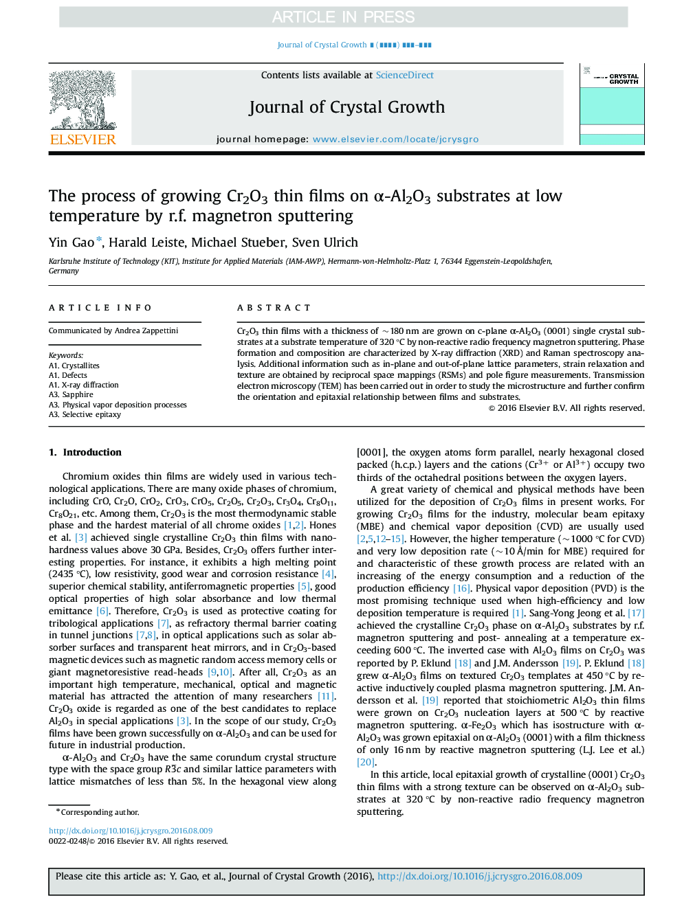 The process of growing Cr2O3 thin films on Î±-Al2O3 substrates at low temperature by r.f. magnetron sputtering