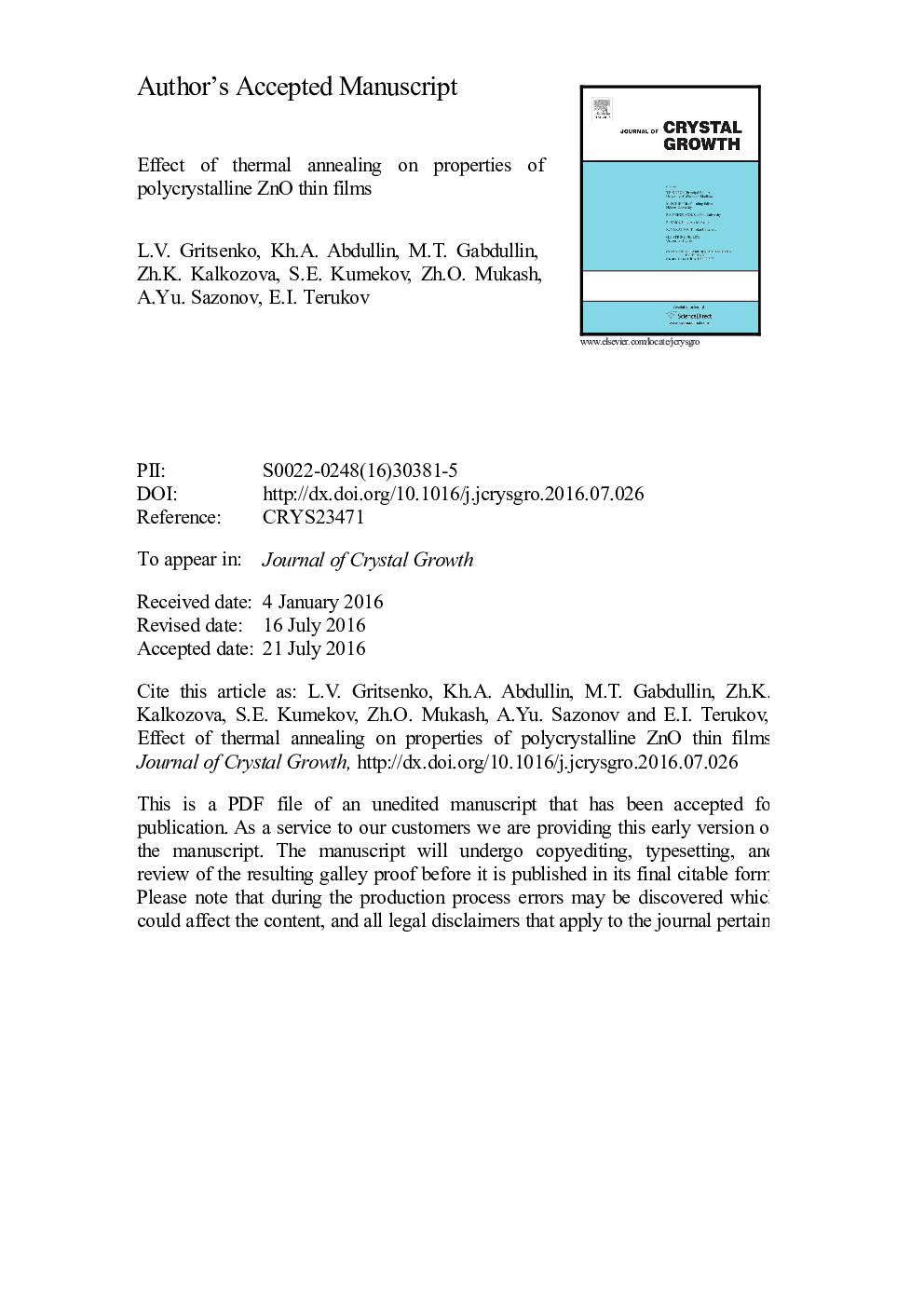 Effect of thermal annealing on properties of polycrystalline ZnO thin films