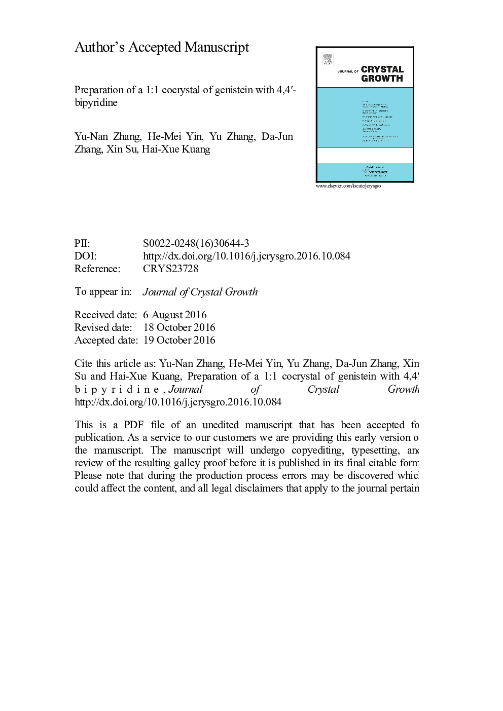 Preparation of a 1:1 cocrystal of genistein with 4,4â²-bipyridine