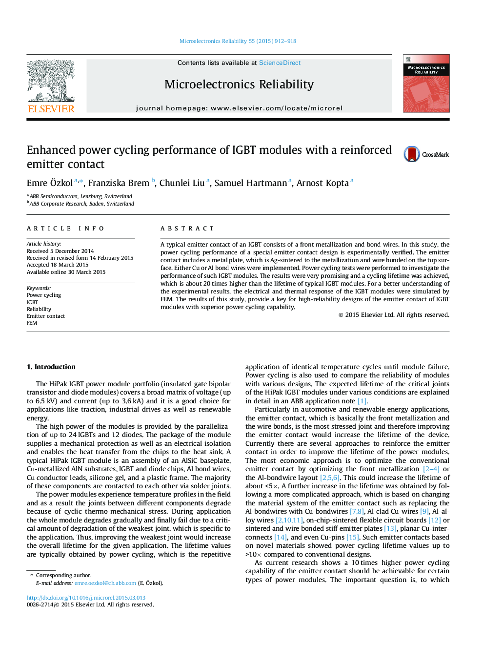 Enhanced power cycling performance of IGBT modules with a reinforced emitter contact