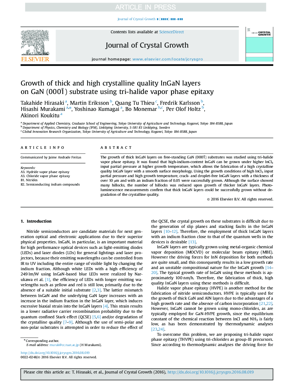 Growth of thick and high crystalline quality InGaN layers on GaN (0001Â¯) substrate using tri-halide vapor phase epitaxy