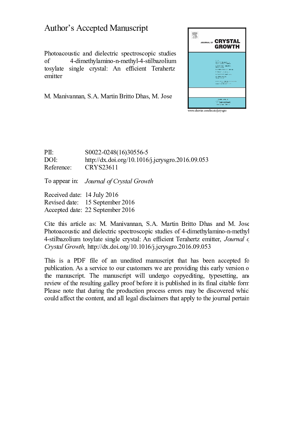 عکس صفحه اول مقاله: Photoacoustic and dielectric spectroscopic studies of 4-dimethylamino-n-methyl-4-stilbazolium tosylate single crystal: An efficient terahertz emitter Photoacoustic and dielectric spectroscopic studies of 4-dimethylamino-n-methyl-4-stilbazolium tosylate single crystal: An efficient terahertz emitter