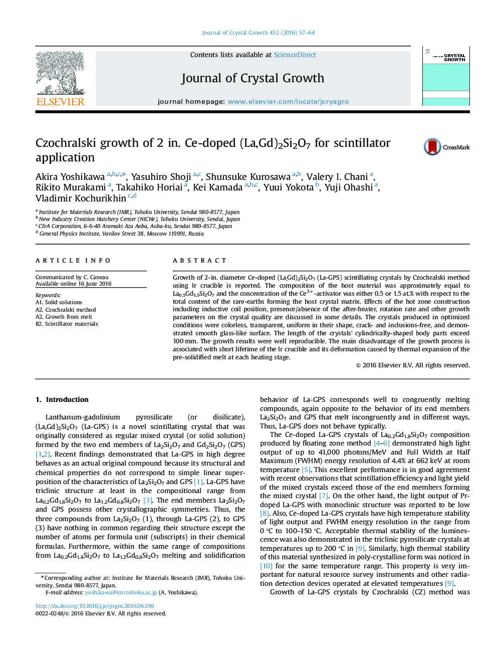 Czochralski growth of 2 in. Ce-doped (La,Gd)2Si2O7 for scintillator application