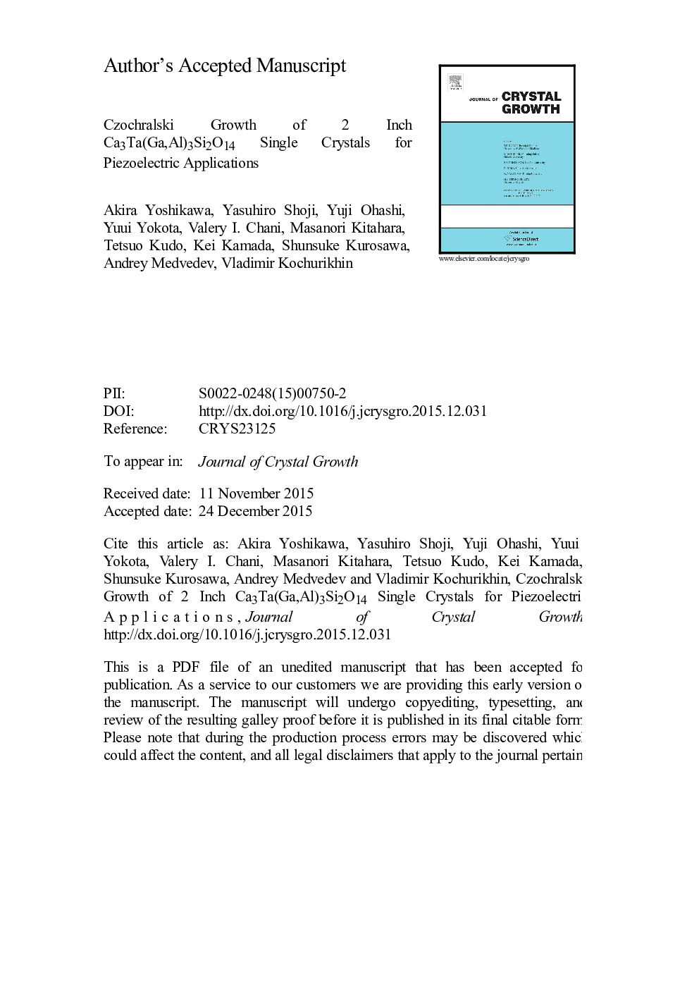 Czochralski growth of 2Â in. Ca3Ta(Ga,Al)3Si2O14 single crystals for piezoelectric applications