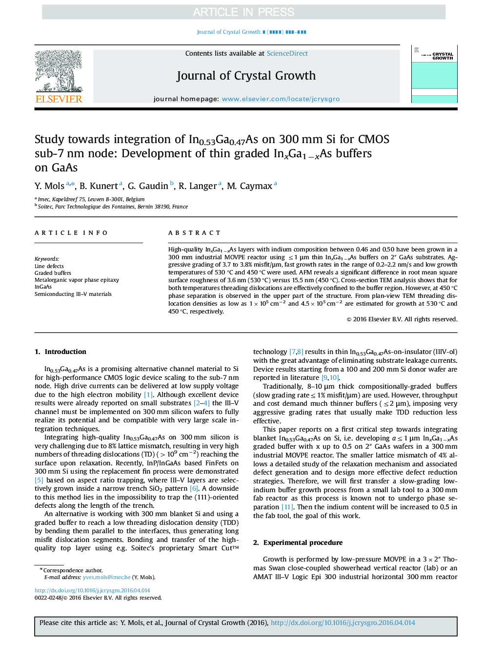 Study towards integration of In0.53Ga0.47As on 300Â mm Si for CMOS sub-7Â nm node: Development of thin graded InxGa1âxAs buffers on GaAs