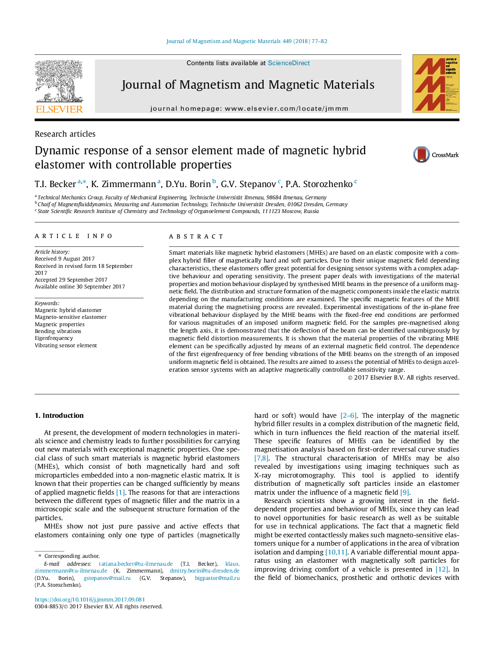 Dynamic response of a sensor element made of magnetic hybrid elastomer with controllable properties