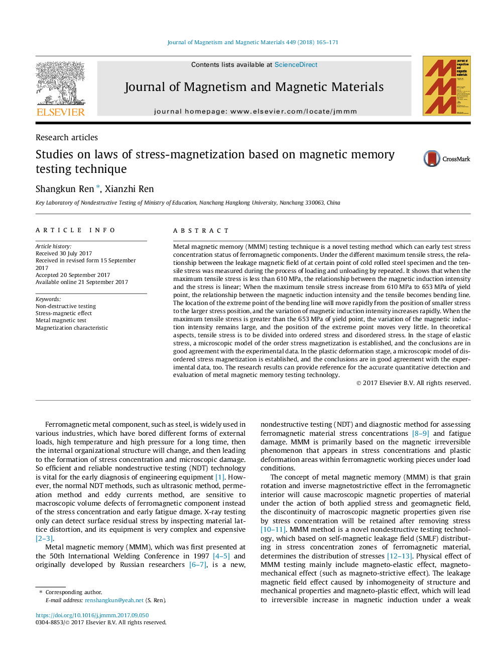 Studies on laws of stress-magnetization based on magnetic memory testing technique