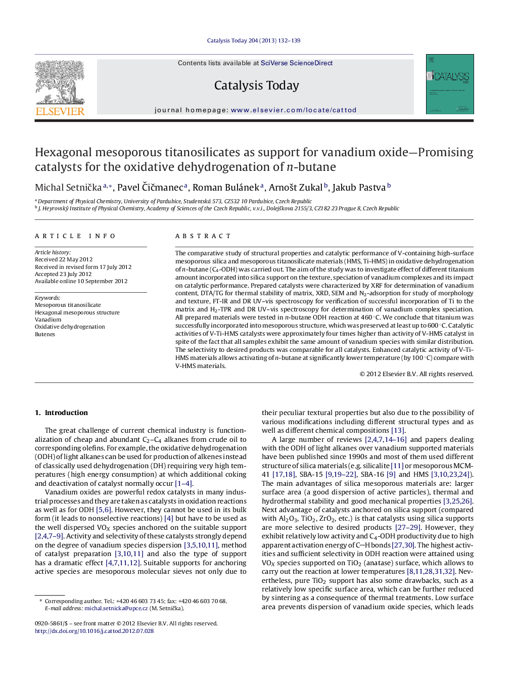 Hexagonal mesoporous titanosilicates as support for vanadium oxide—Promising catalysts for the oxidative dehydrogenation of n-butane