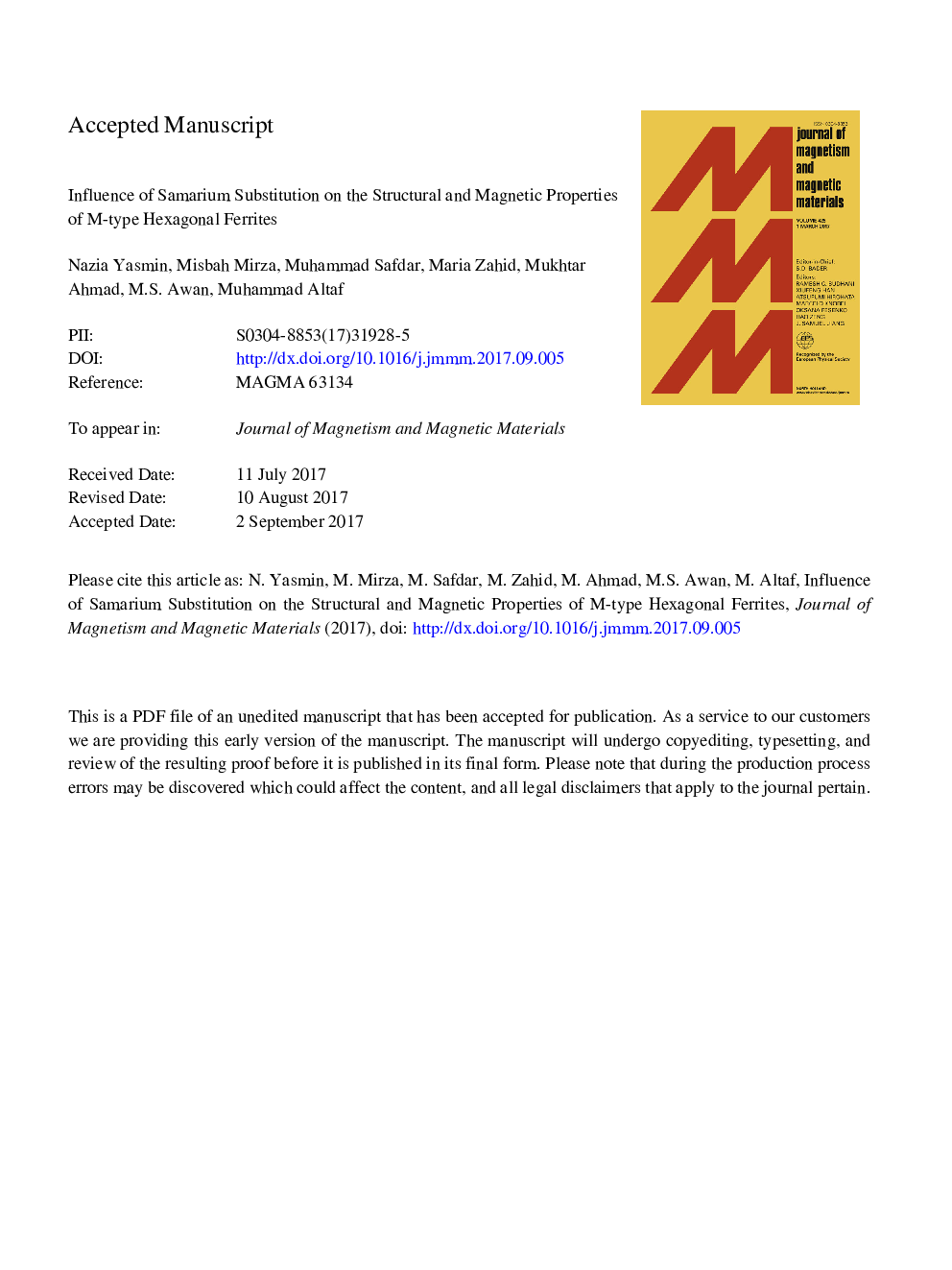 Influence of samarium substitution on the structural and magnetic properties of M-type hexagonal ferrites