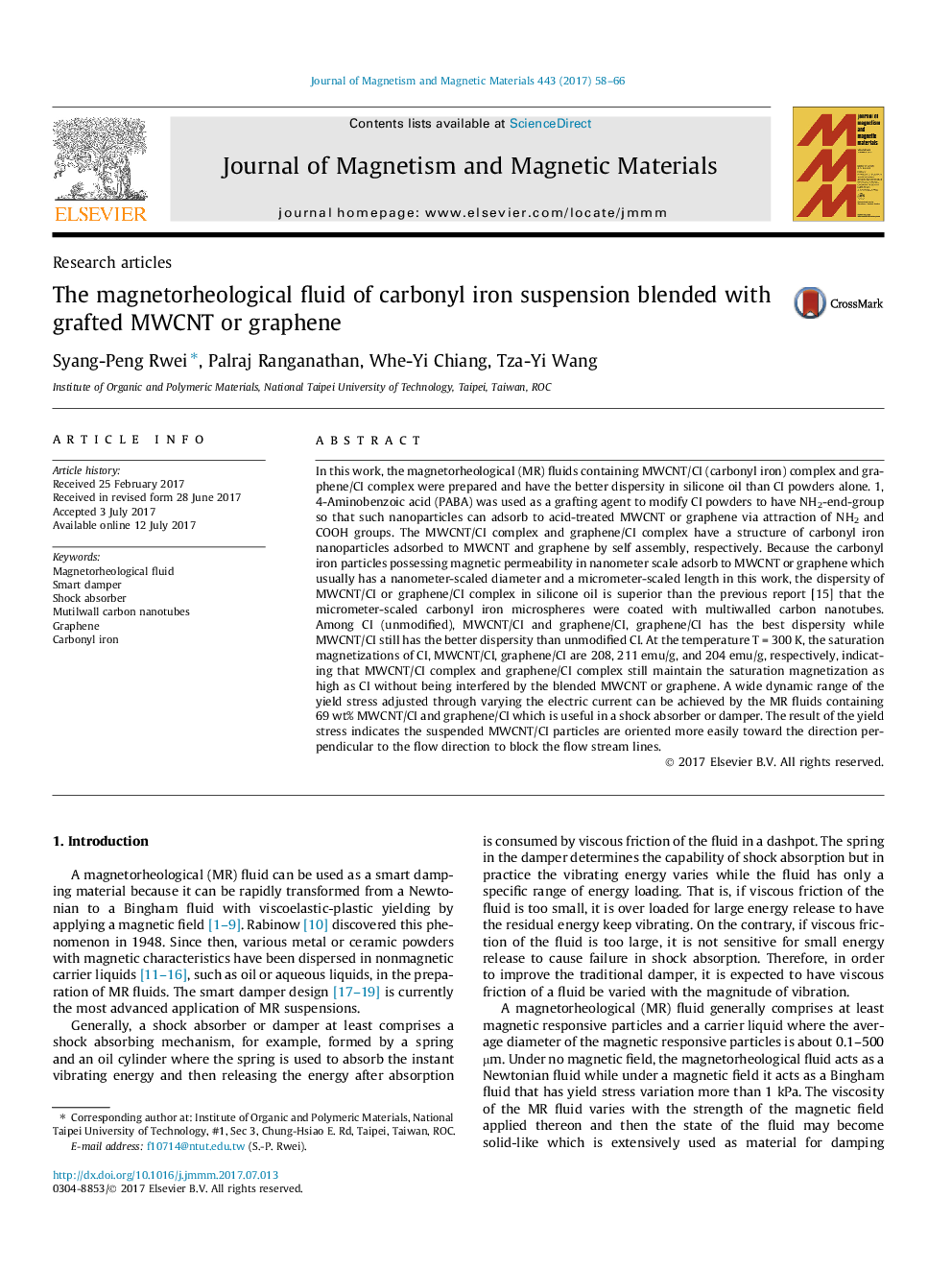 The magnetorheological fluid of carbonyl iron suspension blended with grafted MWCNT or graphene