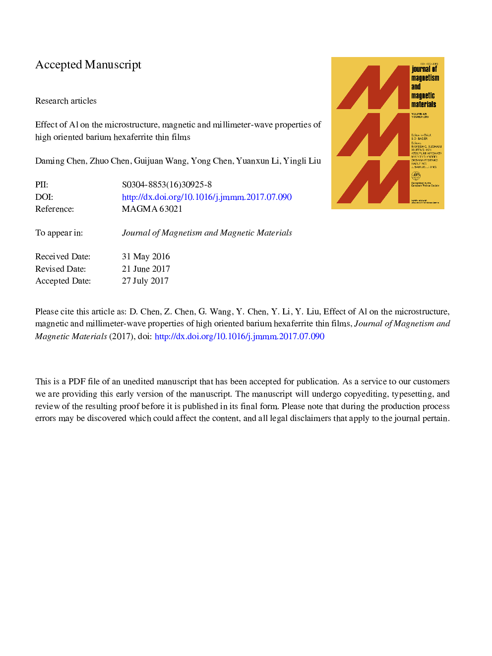 Effect of Al on the microstructure, magnetic and millimeter-wave properties of high oriented barium hexaferrite thin films