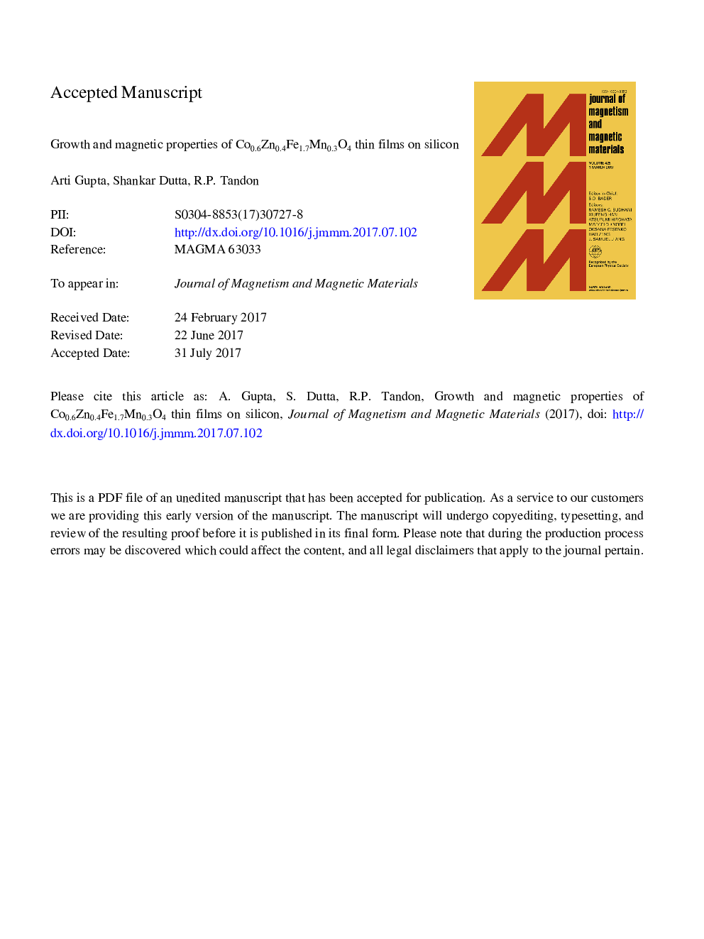 Growth and magnetic properties of Co0.6Zn0.4Fe1.7Mn0.3O4 thin films on silicon