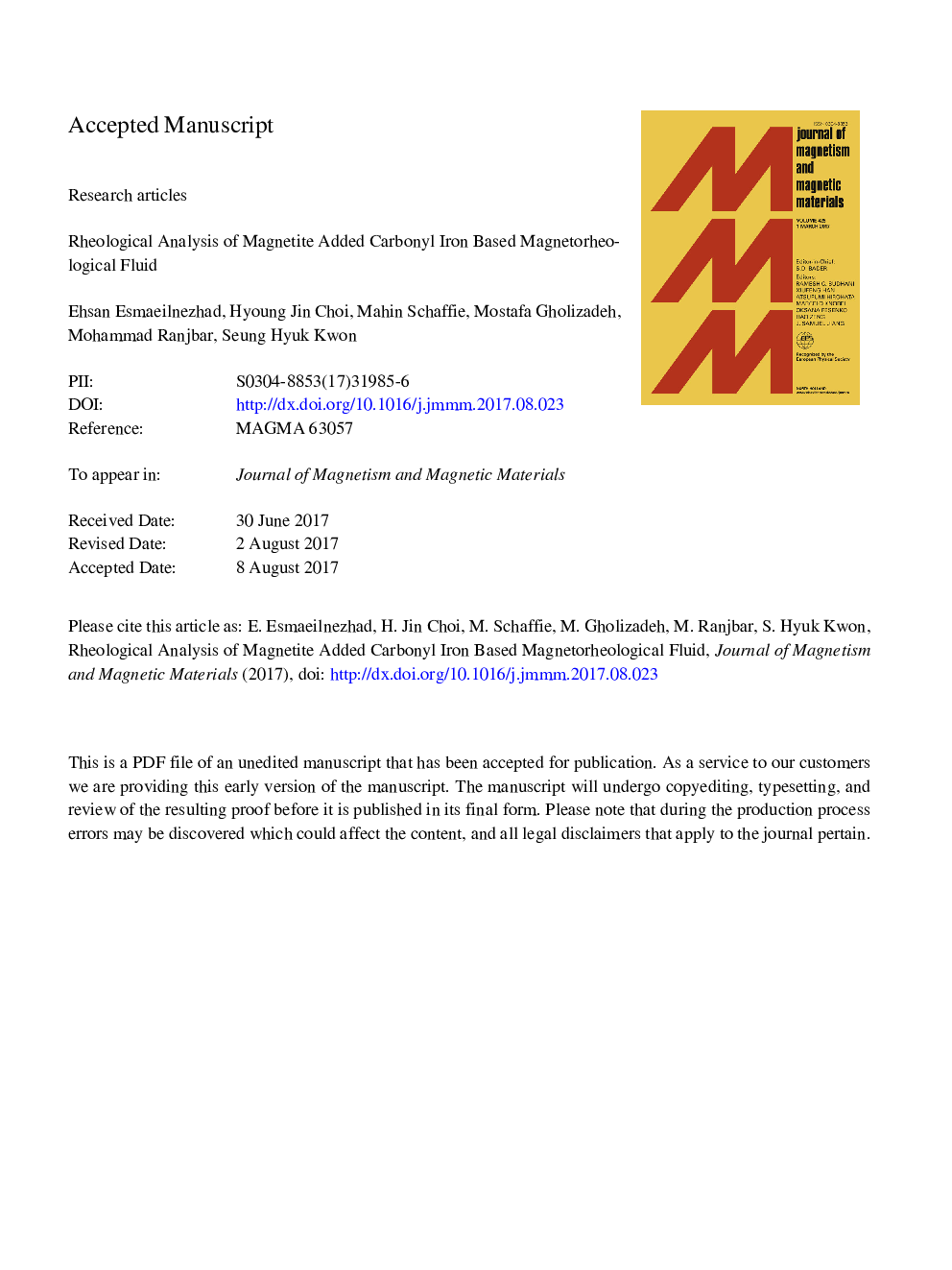 عکس صفحه اول مقاله: Rheological analysis of magnetite added carbonyl iron based magnetorheological fluid Rheological analysis of magnetite added carbonyl iron based magnetorheological fluid