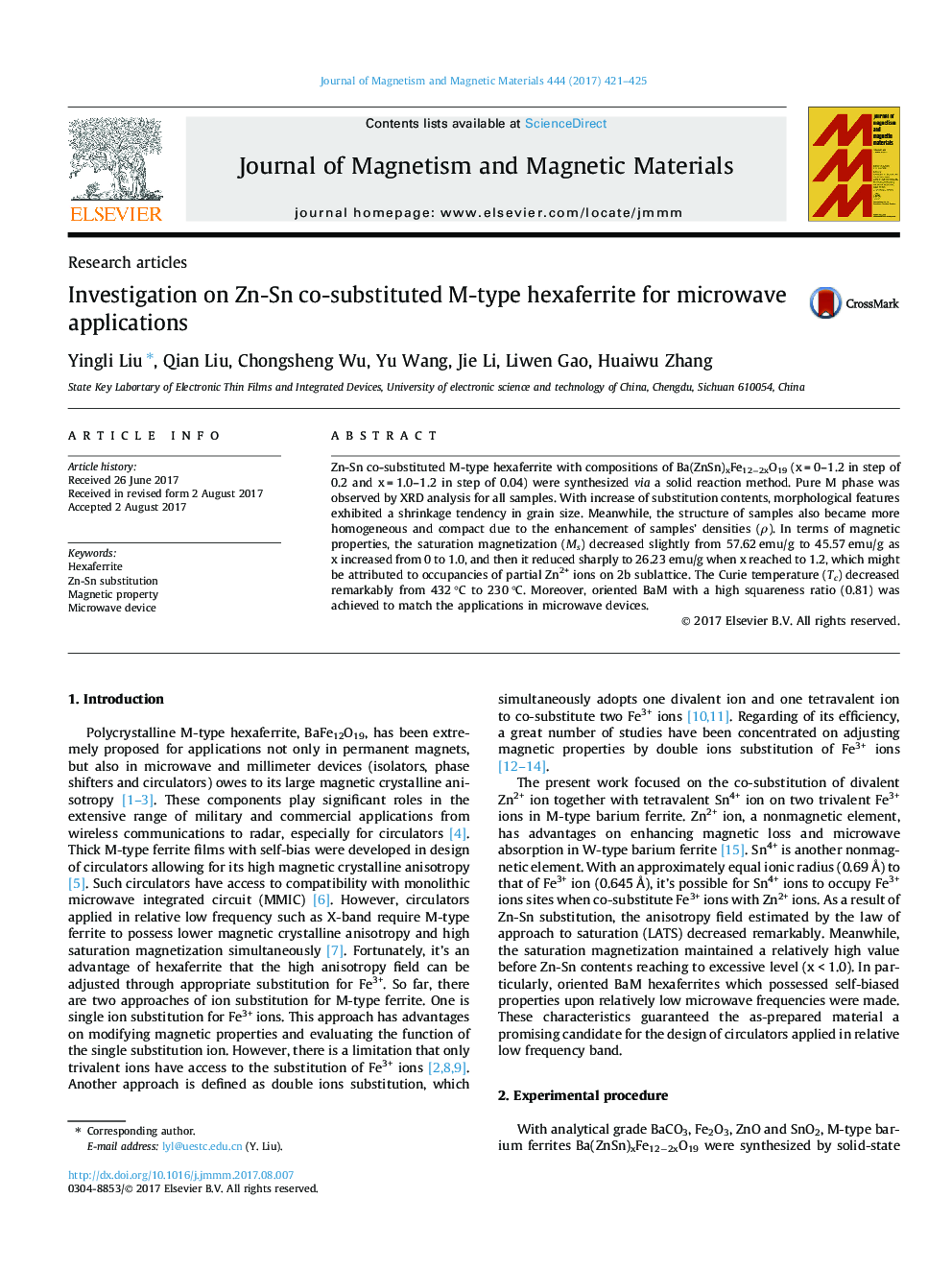 Investigation on Zn-Sn co-substituted M-type hexaferrite for microwave applications