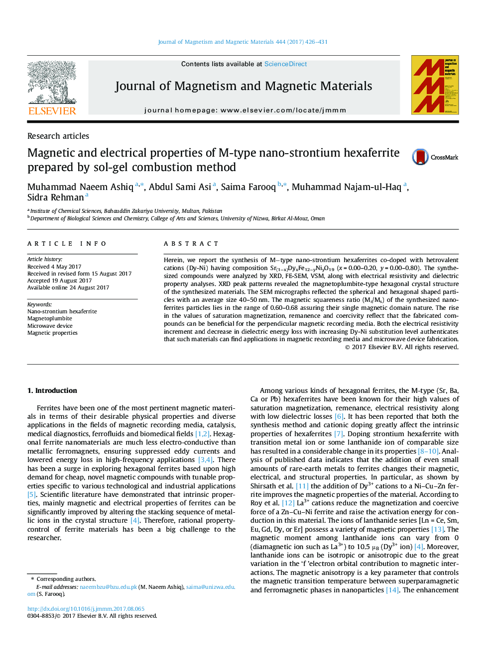 Magnetic and electrical properties of M-type nano-strontium hexaferrite prepared by sol-gel combustion method