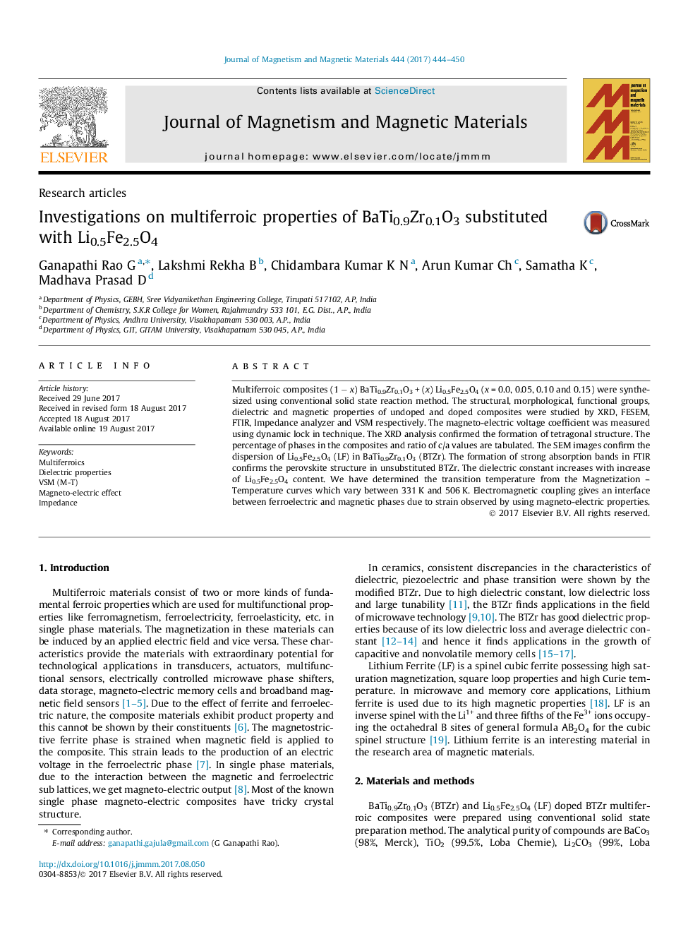 Research articlesInvestigations on multiferroic properties of BaTi0.9Zr0.1O3 substituted with Li0.5Fe2.5O4