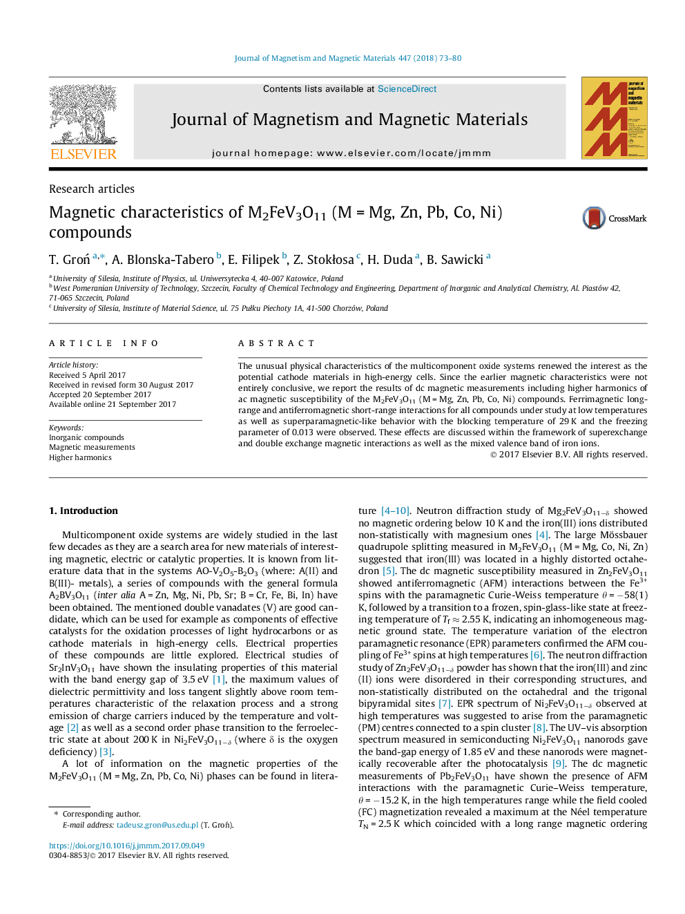 Magnetic characteristics of M2FeV3O11 (MÂ =Â Mg, Zn, Pb, Co, Ni) compounds