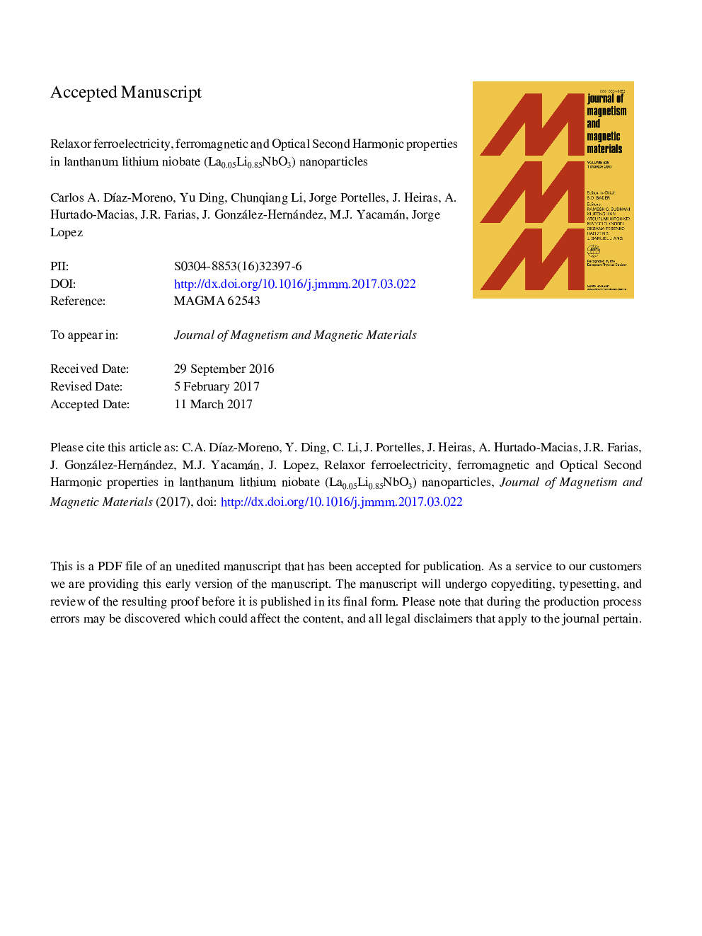 عکس صفحه اول مقاله: Relaxor ferroelectricity, ferromagnetic and optical second harmonic properties in lanthanum lithium niobate (La0.05Li0.85NbO3) nanoparticles Relaxor ferroelectricity, ferromagnetic and optical second harmonic properties in lanthanum lithium niobate (La0.05Li0.85NbO3) nanoparticles