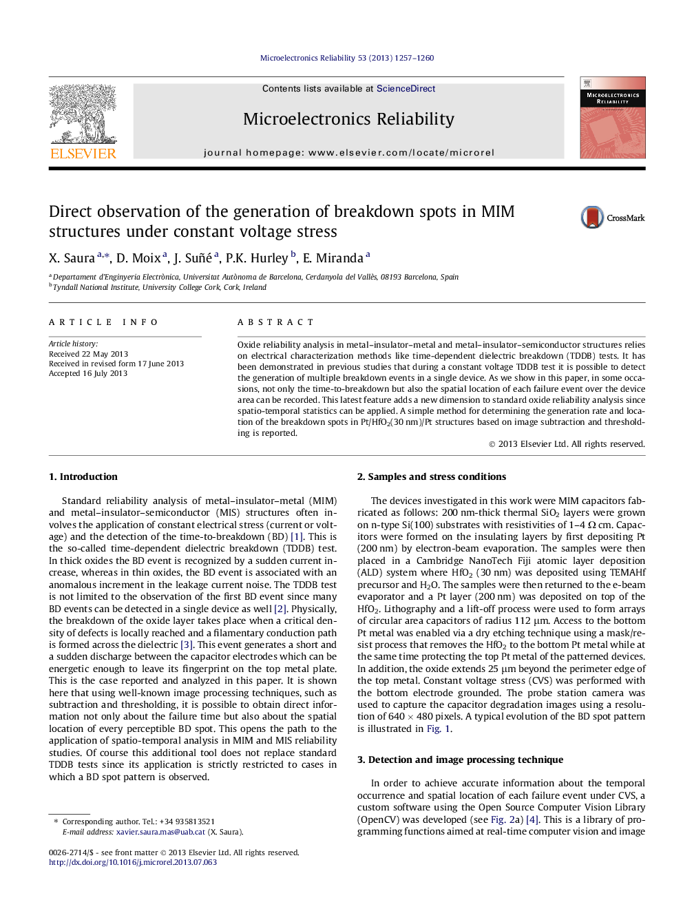 عکس صفحه اول مقاله: Direct observation of the generation of breakdown spots in MIM structures under constant voltage stress Direct observation of the generation of breakdown spots in MIM structures under constant voltage stress