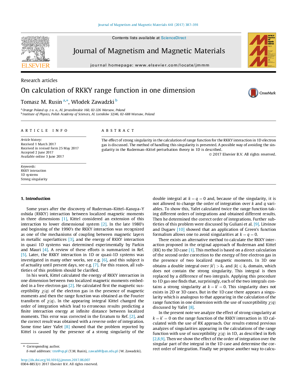 On calculation of RKKY range function in one dimension