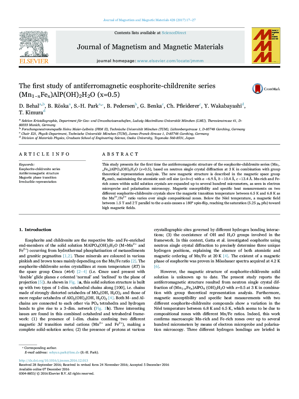 The first study of antiferromagnetic eosphorite-childrenite series (Mn1âxFex)AlP(OH)2H2O (x=0.5)