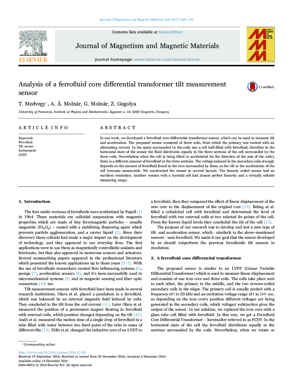 Analysis of a ferrofluid core differential transformer tilt measurement sensor