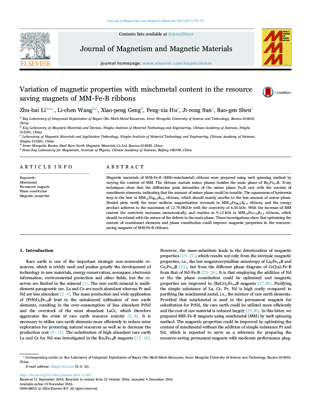 Variation of magnetic properties with mischmetal content in the resource saving magnets of MM-Fe-B ribbons