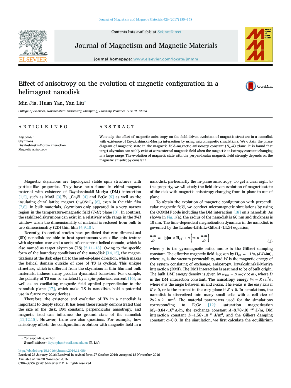 Effect of anisotropy on the evolution of magnetic configuration in a helimagnet nanodisk