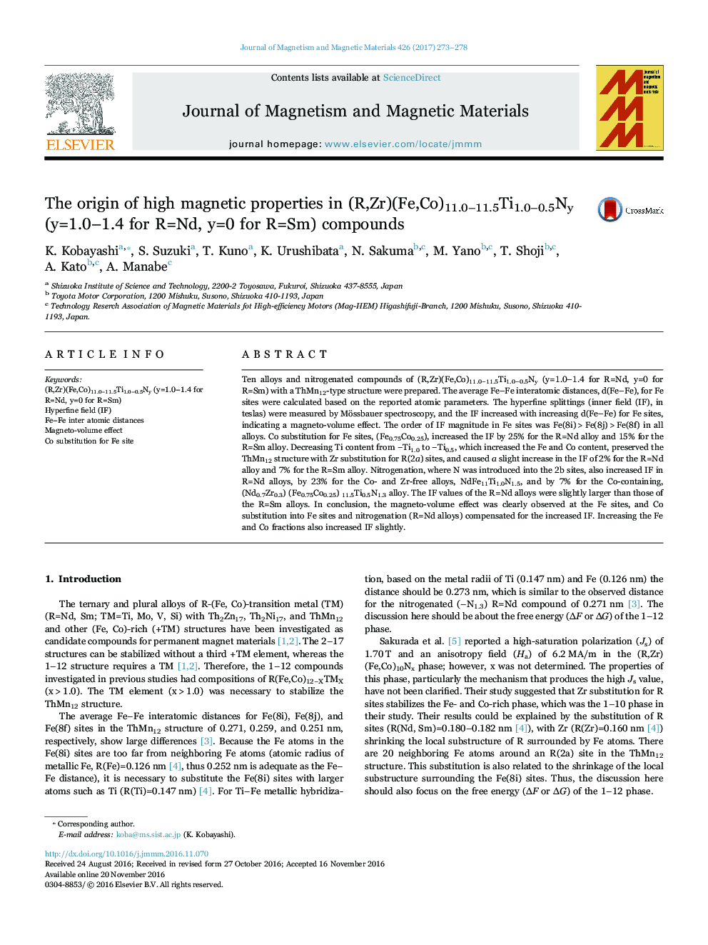 The origin of high magnetic properties in (R,Zr)(Fe,Co)11.0-11.5Ti1.0-0.5Ny (y=1.0-1.4 for R=Nd, y=0 for R=Sm) compounds