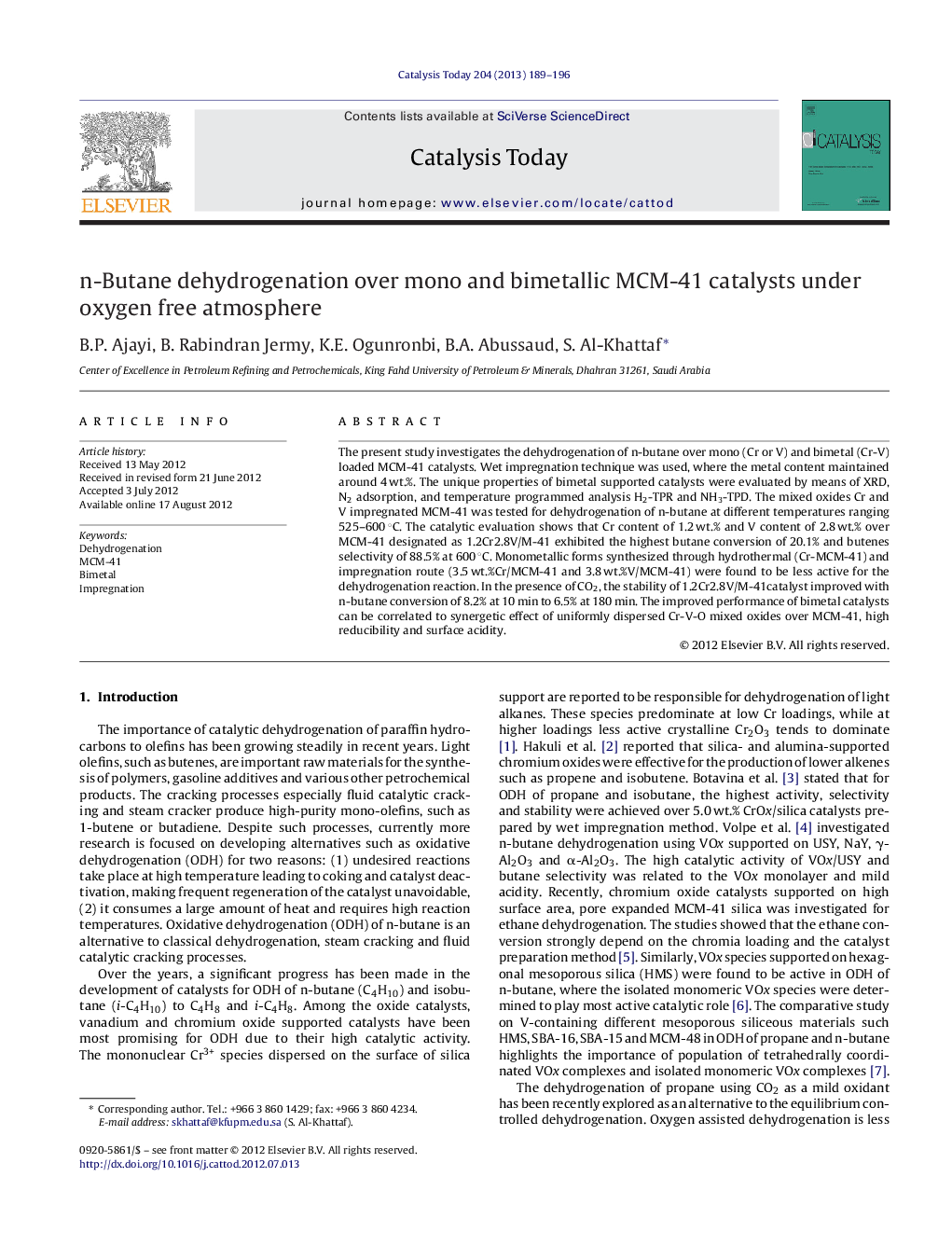 n-Butane dehydrogenation over mono and bimetallic MCM-41 catalysts under oxygen free atmosphere