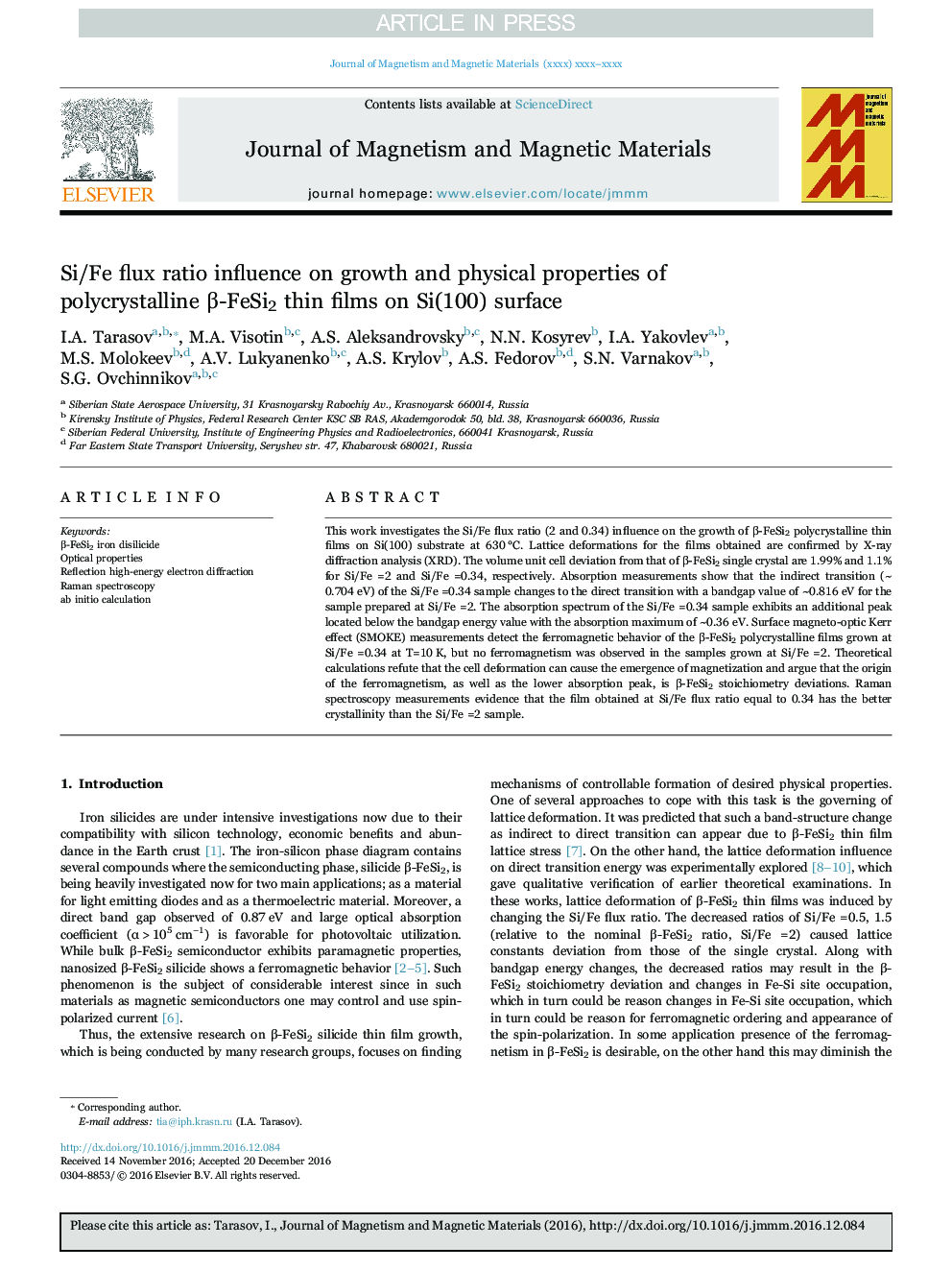 Si/Fe flux ratio influence on growth and physical properties of polycrystalline Î²-FeSi2 thin films on Si(100) surface