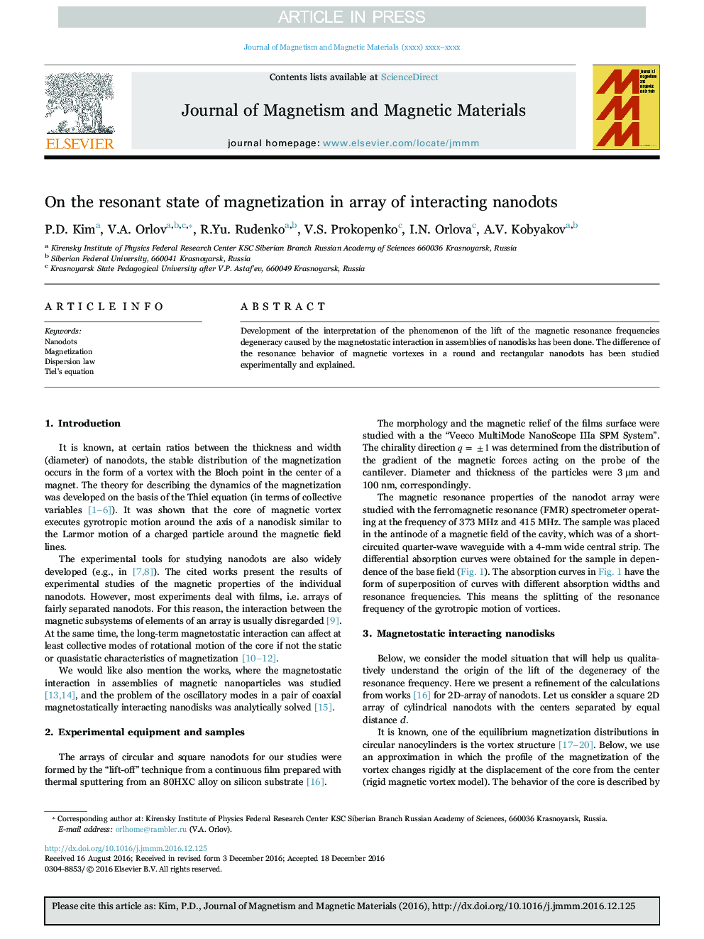 On the resonant state of magnetization in array of interacting nanodots