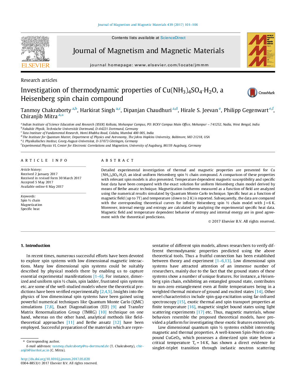 Investigation of thermodynamic properties of Cu(NH3)4SO4Â·H2O, a Heisenberg spin chain compound